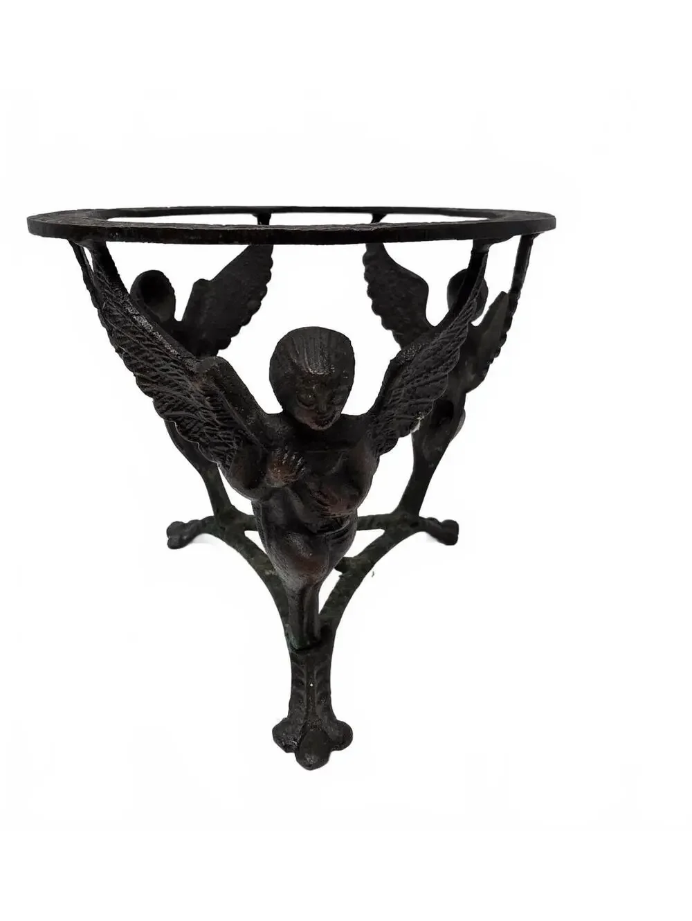 Vintage Brass or Bronze Angel Bowl Stand Verdigris Tripod Pedestal